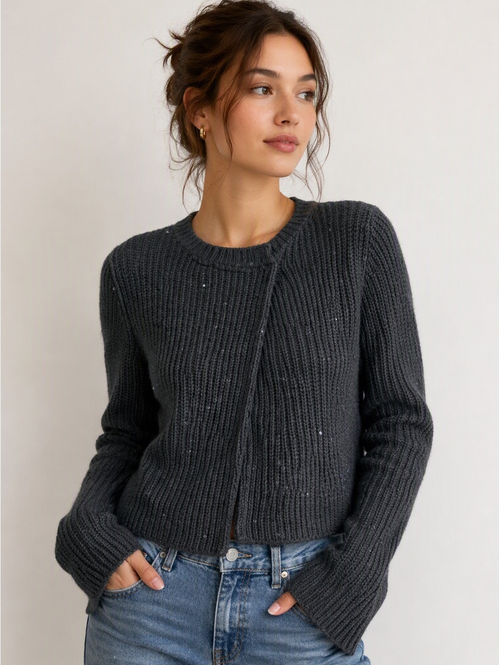 Brunello Cucinelli NWT Sequin Knit Cardigan Sweater Gray Size S Made in Italy